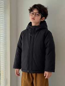 DAZY Young Boy Solid Color Hooded Zip-Up Fashion Versatile Winter Padded Coat - Black - View 3