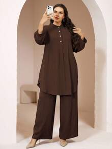 Veilorie Plus Size Women Solid Color Button Half-Placket Long Sleeve Shirt And Pants Casual 2-Piece Set Fall - Coffee Brown - View 7