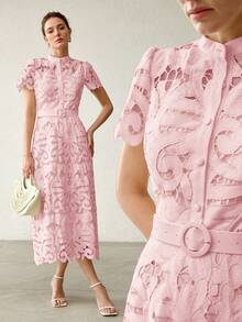 MOTF PREMIUM WOMEN'S ELEGANT FASHION EMBROIDERED HOLLOW WAIST BELT DRESS - Pink - View 7