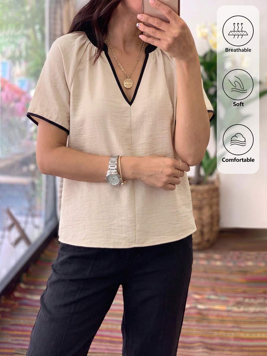 Louniche 女款春夏拼色寬鬆V領休閒襯衫,適合日常通勤、度假,百搭 - 卡其色 - 查看 1