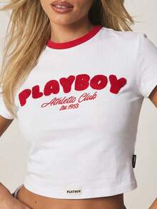 Missguided x Playboy Camiseta corta de manga corta con gráfico vintage de club atlético y estampado de logo retro - Blanco - Ver 5