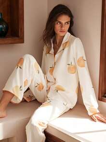 Rosleepa Women's Fruit Print Long Sleeve Single-Breasted Top And Pants Pajama Set - White - View 6
