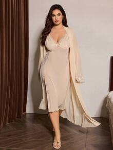 Slumberist Plus Size Soft Style Lace Patchwork Long Sleeve Robe Lightweight Luxury Tie Waist Outerwear Morning Robe Women's Sleepwear 2-Piece Set Beige - Apricot - View 1