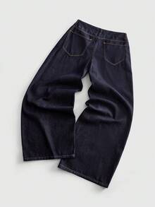 ROMWE MEN Jeans de mezclilla de corte holgado para hombre con patrón de bordado de diamantes brillantes - Azul lavado oscuro - Ver 4