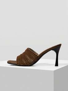 MOTF NEW COFFEE BROWN THIN HEEL SQUARE TOE WOVEN SURFACE FASHIONABLE VERSATILE WOMEN'S HIGH HEEL SANDALS SUMMER - Coffee Brown - View 6