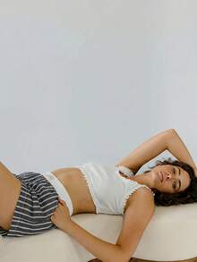 Aralina 條紋對比腰部鈕扣休閒居家短褲 - 黑與白 - 查看 7