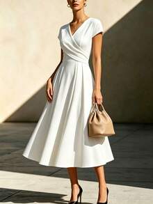 Balvessa Women's Solid Color V-Neck Pleated Casual Daily Summer Midi Dress - White - View 5