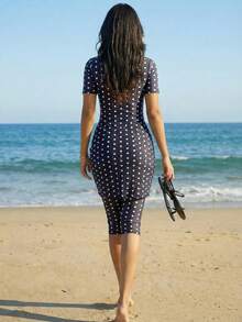 Swim Shayni Women's Black And White Polka Dot Polka Dot Print Fabric Burkini For Beach Pool Party Vacation Summer Casual Conservative Modest - Black and White - View 2