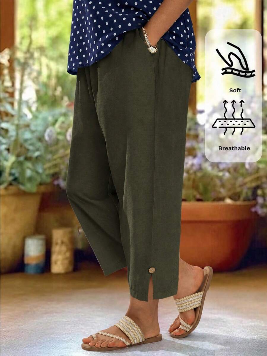 EMERY ROSE Pantalones Capri Minimalistas Casuales de Talla Grande con Botones en el Bajo y Bolsillos - Verde militar - Ver 1