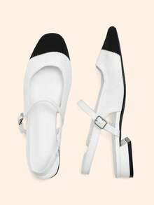 CUCCOO BASICS Women's Mary Jane Flat Shoes With Ribbon Strap, Comfortable Square Toe - White Black - View 2