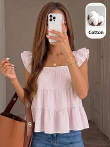 SHEIN Teen Girl Teen Girls Spring Summer New Pink And White Fresh Woven Striped Casual Vacation Umbrella Hem Multi-Layered Doll Style Tank Top, Casual Wear, Summer Outfit - Pink - View 1