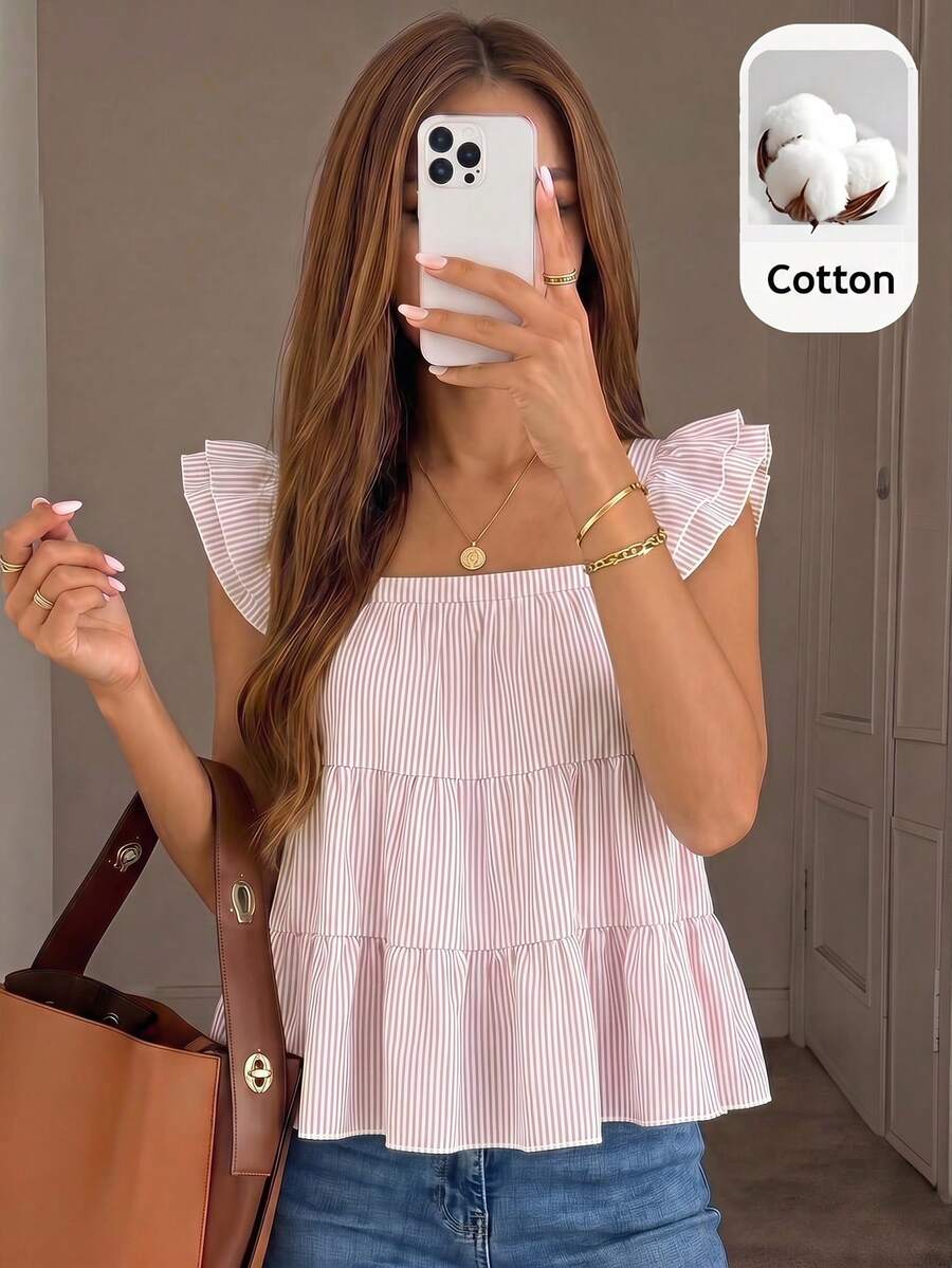 SHEIN Teen Girl Teen Girls Spring Summer New Pink And White Fresh Woven Striped Casual Vacation Umbrella Hem Multi-Layered Doll Style Tank Top, Casual Wear, Summer Outfit - Pink - View 1
