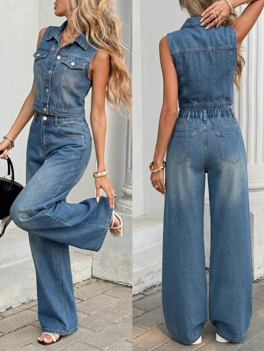 SHEIN 2Pcs Y2k Streetwear Teen Girl Nostalgic Blue Denim Loose Sleeveless Jacket And Comfortable Jeans Back-To-School Summer - Blue - View 1