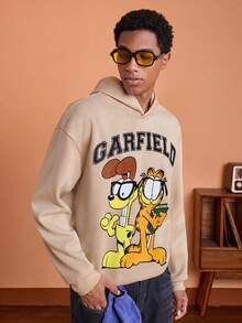 GARFIELD | SHEIN 男士休闲猫狗印花连帽衫，秋季 - 杏色 - 查看 1