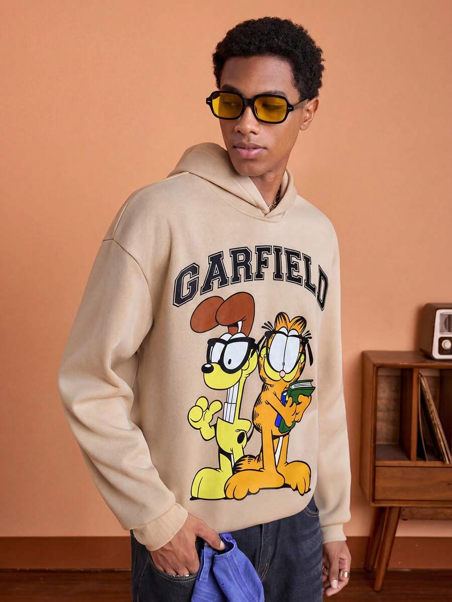 GARFIELD | SHEIN 男士休闲猫狗印花连帽衫,秋季 - 杏色 - 查看 1