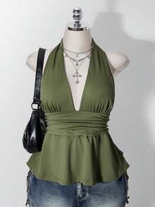 SHEIN ICON 大尺碼掛脖深V領收腰A字露背波點背心上衣，復古Y2K波點掛脖背心，娃娃裝波點掛脖露背上衣 - 軍綠色 - 查看 4