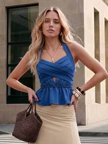 Aveloria Modichic European American Style Spring/Summer Fashion Versatile Solid Color Knit Woven Patchwork Halter Neck Women's Top Vacation Night Out Navy Blue Elegant - Blue - View 1