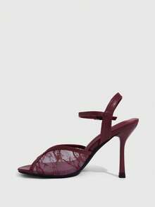 CUCCOO SZL Burgundy Lace Mesh Buckle Strap Sandals, Women's Gentle Open-Toed Stiletto Sandals - Burgundy - View 4