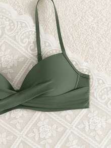 Voyashape Women's Solid Color Ruched Spaghetti Strap Bikini Top, Suitable For Summer Vacation And Beach - Army Green - View 6
