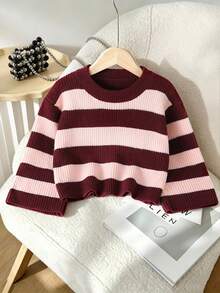 SHEIN 女童秋冬休閒拼色酒紅條紋短版針織毛衣 - 彩色 - 查看 3