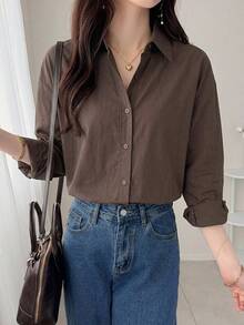 DAZY Camisa oversize con botones y hombros caídos, manga larga, ropa de otoño - Marrón Chocolate - Ver 9