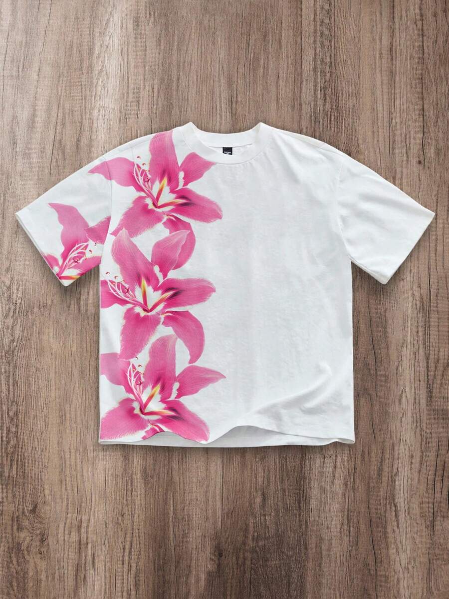 Manfinity Joysei 时尚休闲年轻休闲植物与花卉扎染数码印花图案常规版型男士白色短袖 T 恤,适合夏季约会、聚会、情侣装粉色花朵 T 恤男士图案 T 恤 - 白色 - 查看 1