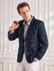 Officeau Men's Retro Plaid Business Casual Blazer, Classic For Commuting - Royal Blue - View 4