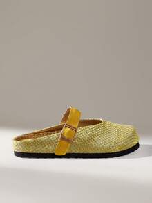 Solecia Women Shoes Woven Linen Closed Toe Single Buckle Flat Bottom Comfortable Leisure Vacation Wind Yellow Ladies Slouchy Shoes Travel Daily Wear - Yellow - View 1