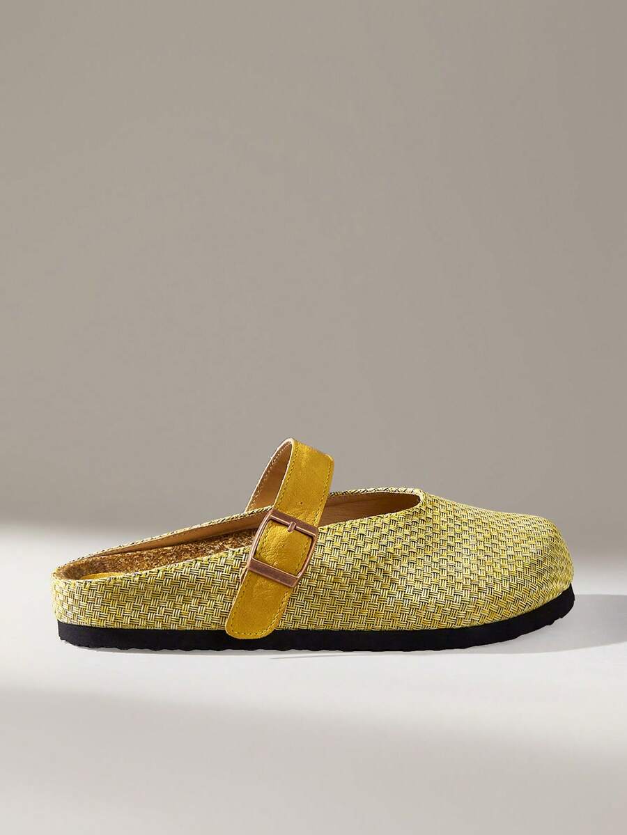 Solecia Women Shoes Woven Linen Closed Toe Single Buckle Flat Bottom Comfortable Leisure Vacation Wind Yellow Ladies Slouchy Shoes Travel Daily Wear - Yellow - View 1