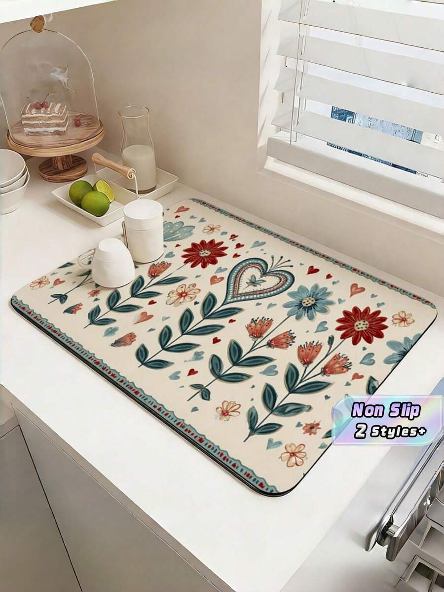 1件大尺寸超吸水快乾防滑橡膠背底易清洗耐用紅藍花卉愛心復古圖案廚房地墊 咖啡吧碗盤瀝水墊 適用檯面水槽桌面居家咖啡區 廚房裝飾禮物 - 彩色 - 查看 1