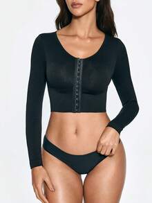 SHAPORA 1pc Seamless Front Hook Push-Up Adjustable Long Sleeve Shapewear Top - Black - View 2