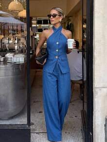 Lumalex New Business Casual Smart Casual Retro Elegant OL Blue Halter Metal Buckle Decor Top Paired With Loose Wide Leg Pants Women 2 Pieces Set French Brunch - Blue - View 2