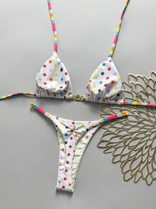 Swim Mod 女款春夏美式國旗印花露背三角比基尼套裝，抓皺T字背泳褲，2件式海灘裝，適合日 - 彩色 - 查看 3