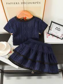 Genkimix Kids 女童刺繡圓領短袖紋理針織T恤與甜美蛋糕裙套裝，適合日常休閒、清新夏季度假、海灘、外出，可愛甜美穿搭 - 藏蓝色 - 查看 2