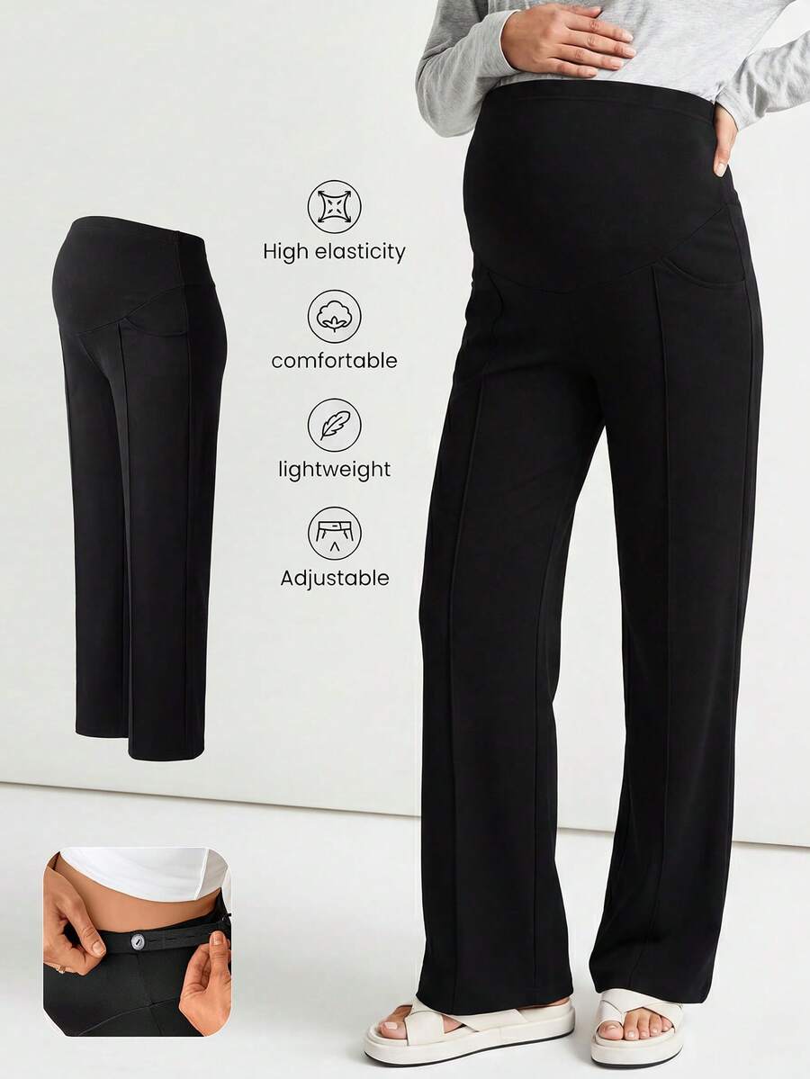 SHEIN Legging Santai Hamil Warna Polos dengan Pinggang yang Dapat Diatur - Hitam - View 1