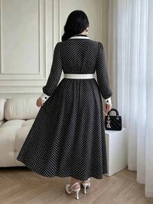 Vibekara Frühling/Herbst elegantes modisches minimalistisches Date-Pendler-Stil Langarmkleid, Reverskragenkleid mit Seitenfalten, rotes Langarmkleid, Schleife, Urlaub, Sommer Damen Outfit, Frühling/Herbst japanisches süßes niedliches schwarz-weißes Polka-Dot-Kleid, neues zierliches College-Stil verjüngendes schlankmachendes elegantes professionelles Date-Langkleid, Sommer neues französisches lockeres Kleid - Schwarz und Weiss - Übersicht 2