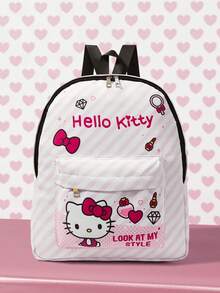 HELLO KITTY AND FRIENDS | SHEIN Pink Cartoon Character Print Backpack, Multi-Pocket Adjustable Strap Backpack - White powder stripes - View 1