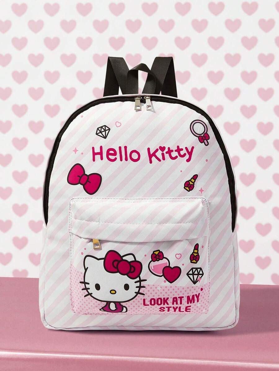 HELLO KITTY AND FRIENDS | SHEIN Pink Cartoon Character Print Backpack, Multi-Pocket Adjustable Strap Backpack - White powder stripes - View 1