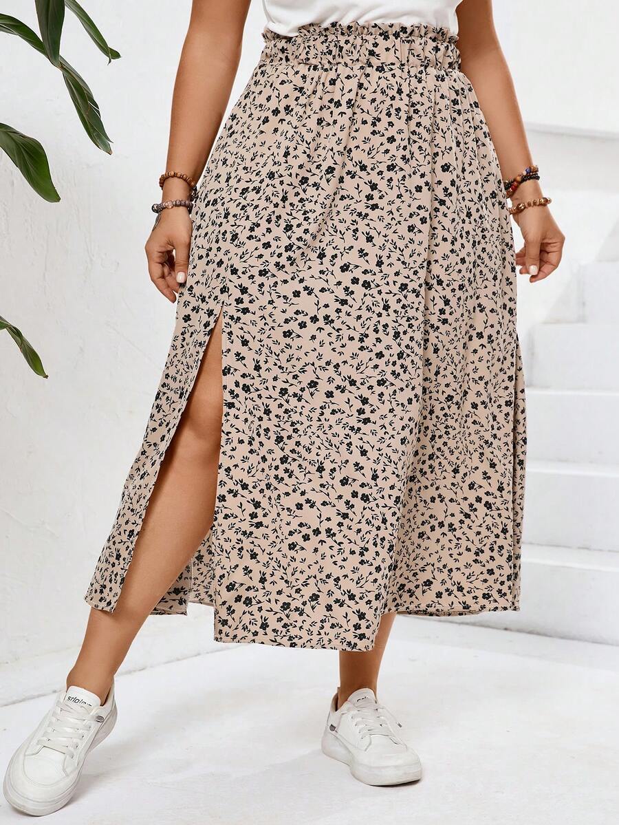 SHEIN Frenchy Plus Size Tropical Split Floral Printed Women's Skirt Fall
