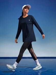 In My Nature Women's Solid Color Split Long Sleeve Outdoor T-Shirt - Navy Blue - View 7