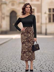 EMERY ROSE Women's Solid Color Asymmetrical Shoulder Long Sleeve T-Shirt And Leopard Print Skirt Fashion Slim Fit 2 Pieces Set Elegant Dress For Women Leopard - Black - View 2