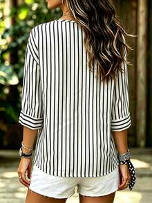 Breezaya New Women's Casual Loose Slimming Design 3/4 Sleeve V-Neck Striped Shirt - Black and White - View 2
