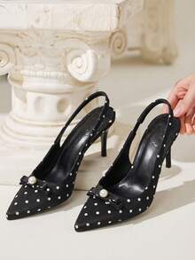 CUCCOO CHICEST Women Shoes Spring And Summer New Models, Polka Dot Satin Pointed Back Empty Sandals, Pearl Bow Stiletto High Heels, Gentle And Sweet Style, Daily - Black - View 5