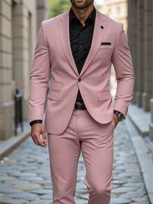 Manfinity Mode Men's Notch Lapel Long Sleeve Jacket And Pants Casual Commute Suit Set - Baby Pink - View 3