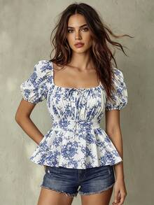 SHEIN Franclia Casual Tropical Vacation Tie Front Random Print Floral Shirt White And Blue Floral Summer - Blue - View 5