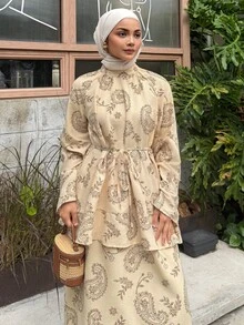 DAZY Setelan 2 Potong Wanita Musim Panas dan Gugur: Atasan Lengan Panjang Model Mengembang dengan Ikat Pinggang dan Motif Aprikot, Dipadukan dengan Rok Panjang - Aprikot - View 9