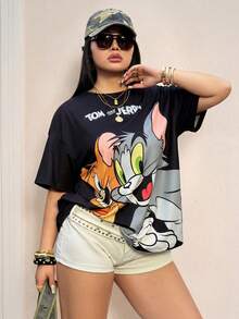 TOM & JERRY X SHEIN 大尺碼夏季 Y2K 90年代休閒電音節龐克復古卡通黑貓印花圓領短袖 T 恤 正式約會之夜穿搭 - 黑色 - 查看 1