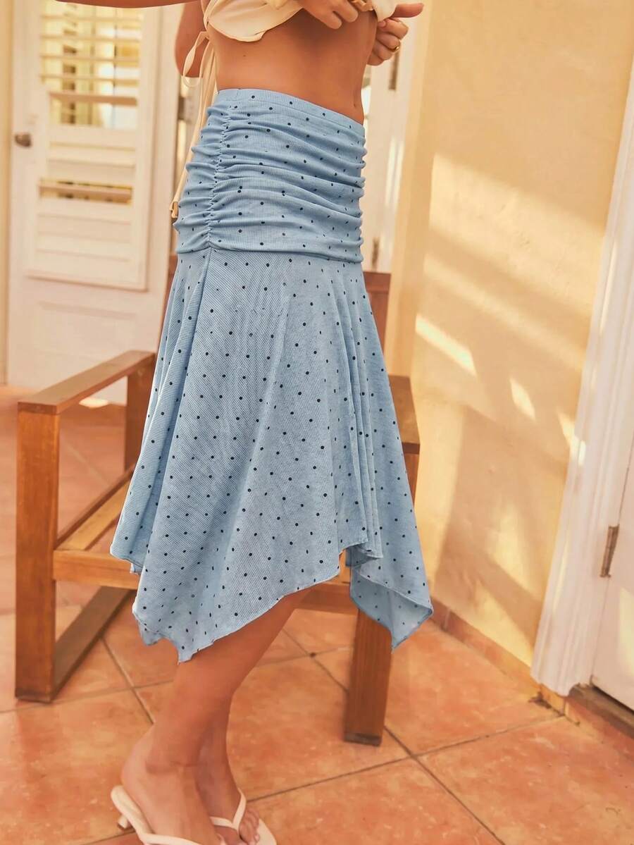 Aralina 女款抓皺不對稱下擺飄逸優雅度假風中長裙 - 霧霾藍 - 查看 1
