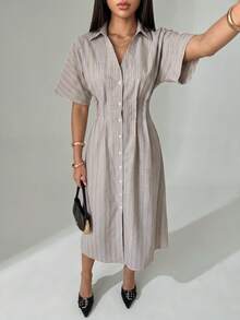 SHEIN PETITE Women's Fashionable Beige Long-Sleeve Collared Commuter Dress Teachers' Day Office Summer French Elegant - Apricot - View 5