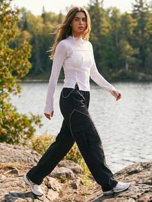 SHEIN Sports Women's Contrast Trim Cargo Outdoor Pants - Black - View 4